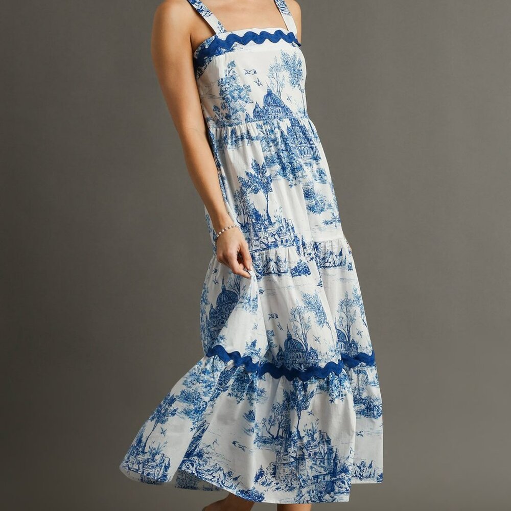 NWT Umgee Blue And White Landscape Tiered Dress With Ric Rac Trim